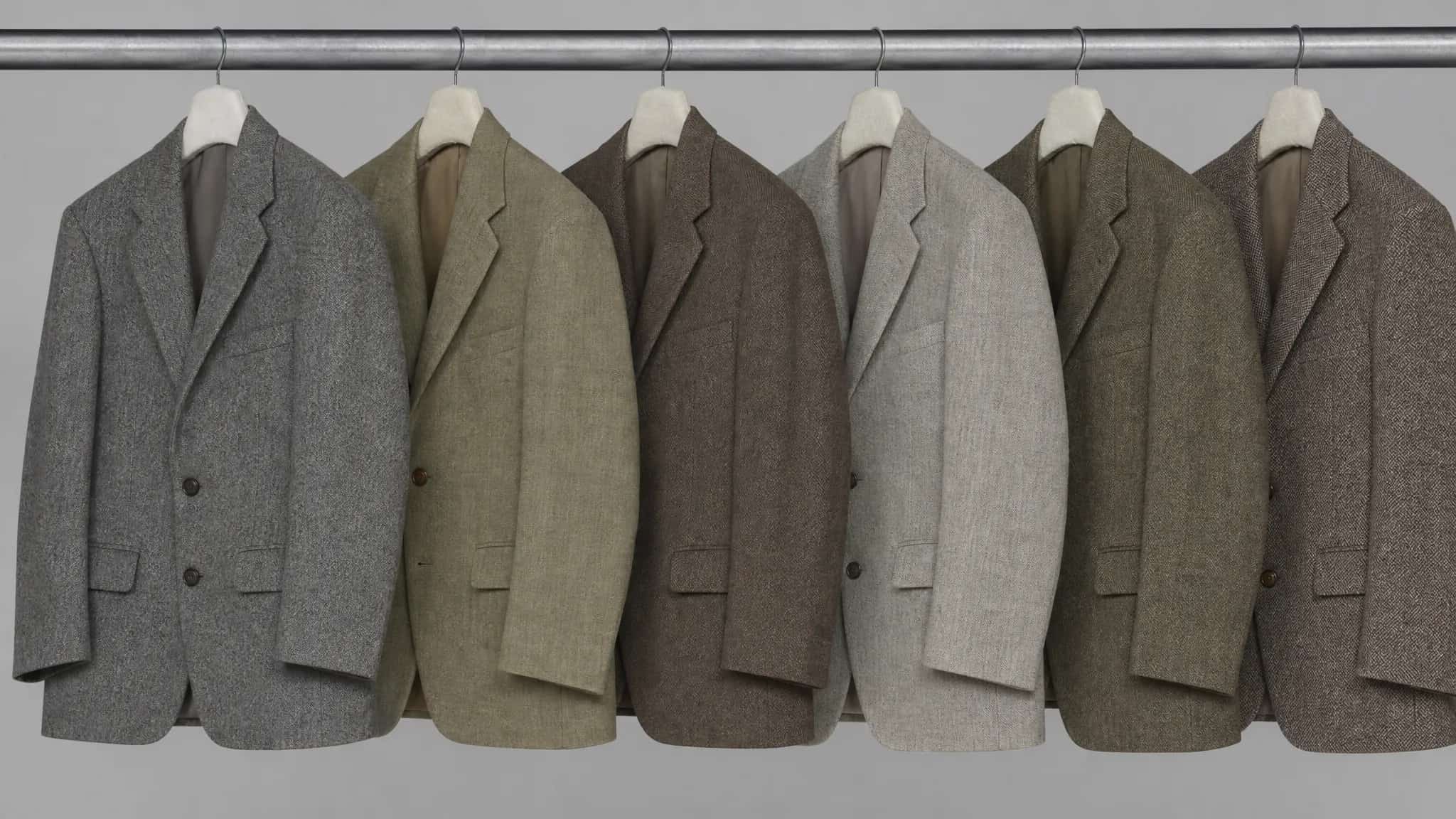 Six tailored jackets hanging evenly spaced on padded archive hangers along a steel rail.