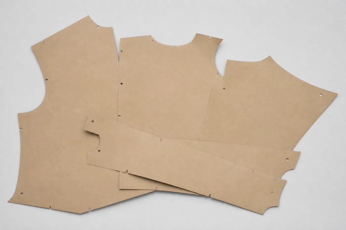 Plain brown paper tailoring pattern pieces overlapping, with punched notches.