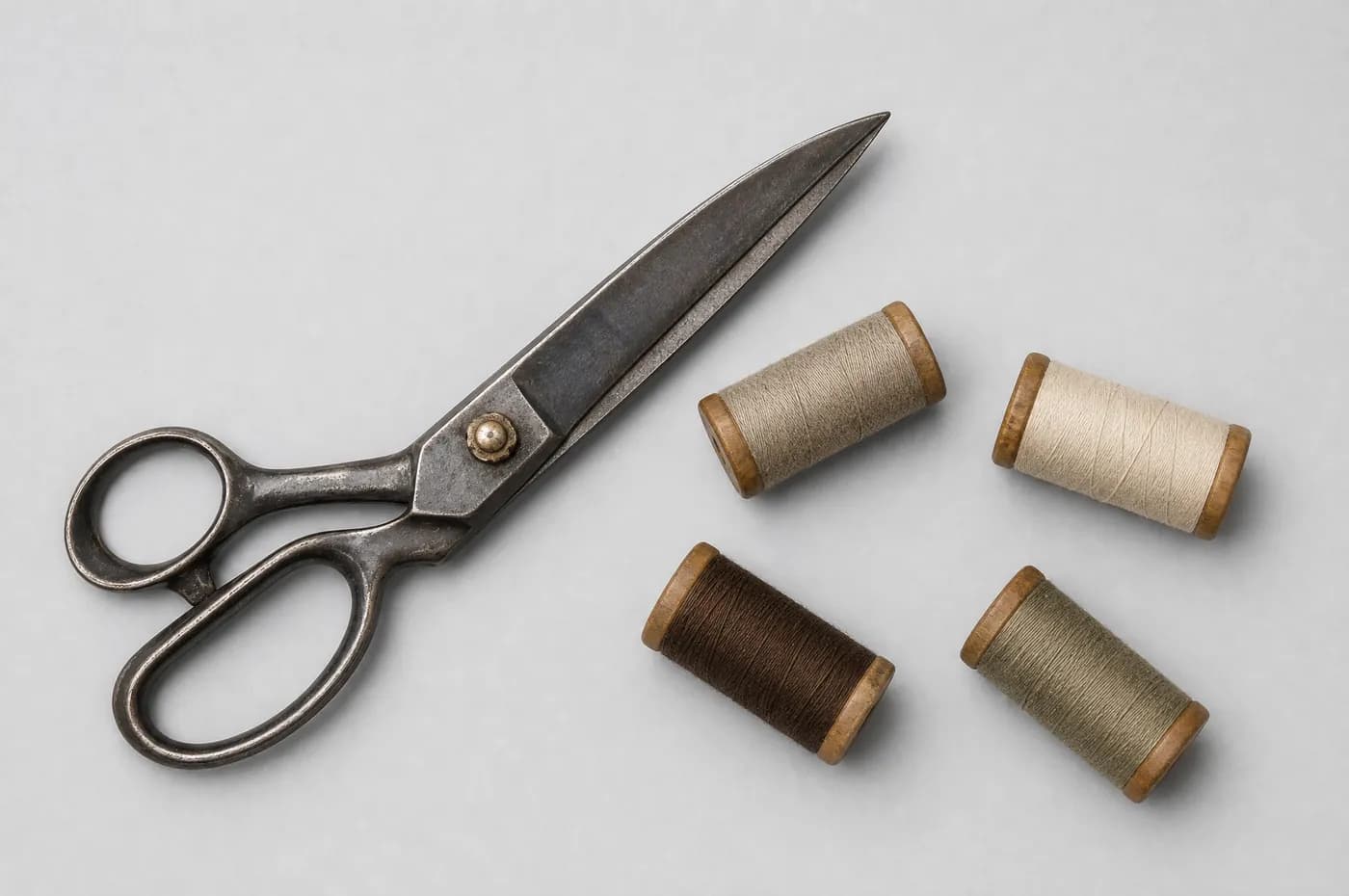 Steel tailor's shears and four spools of thread arranged on a plain ground.